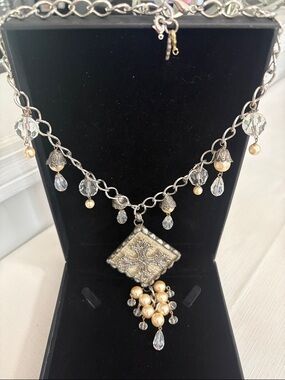 Silver-Tone Pendant Necklace with Champagne Pearls and Clear Crystal Drops